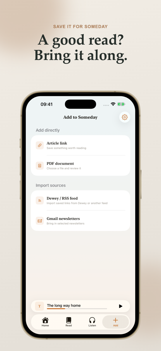 Someday Add screen with options for links, PDFs, Dewey bookmarks and Gmail newsletters