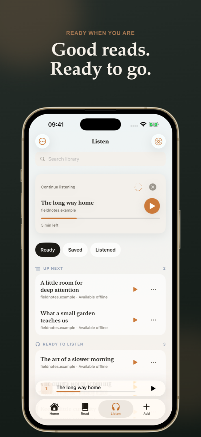 Someday library queue with saved reading ready to return to