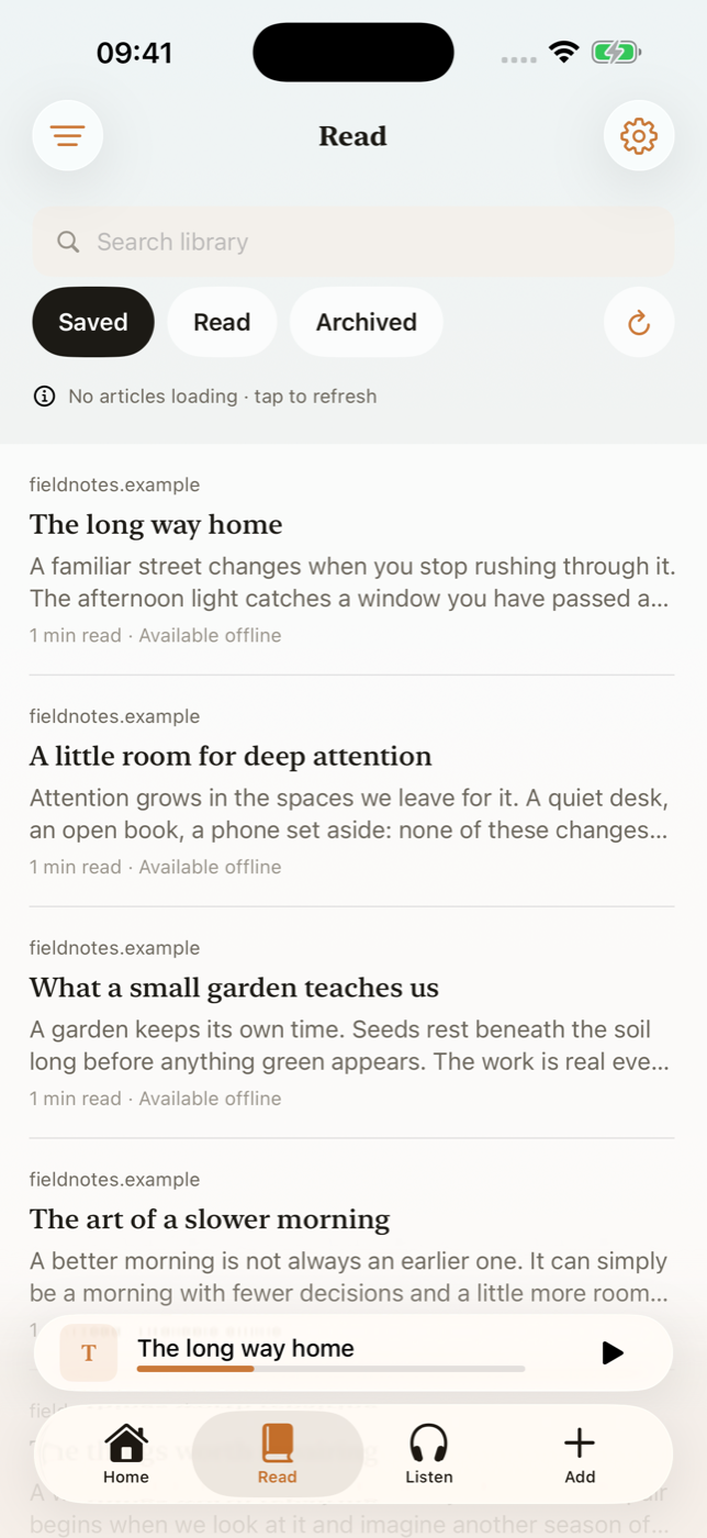 Someday library with saved articles ready to read